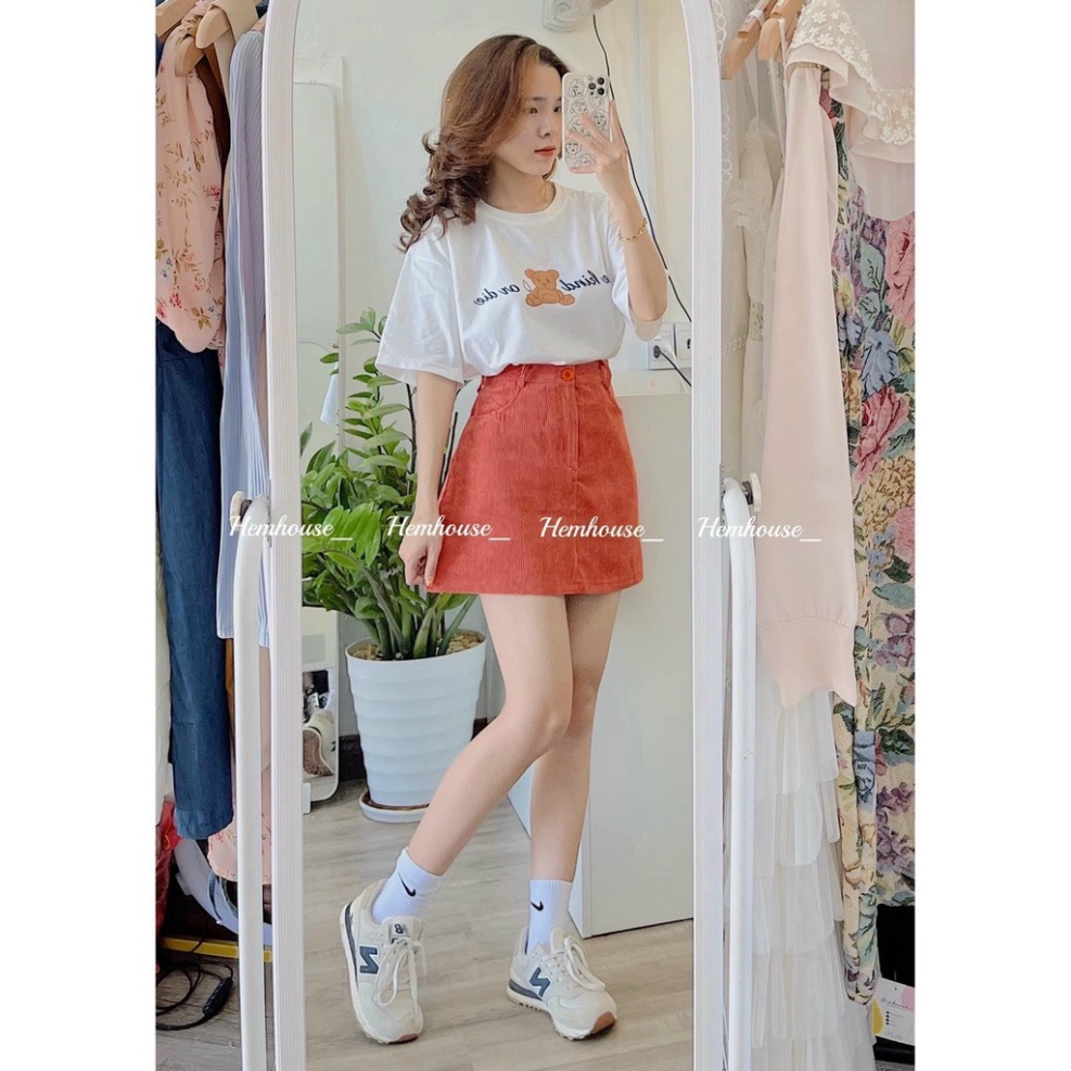 Set chân váy nhung tăm áo thun cotton gấu sét bộ nữ ulzzang NN186 0222