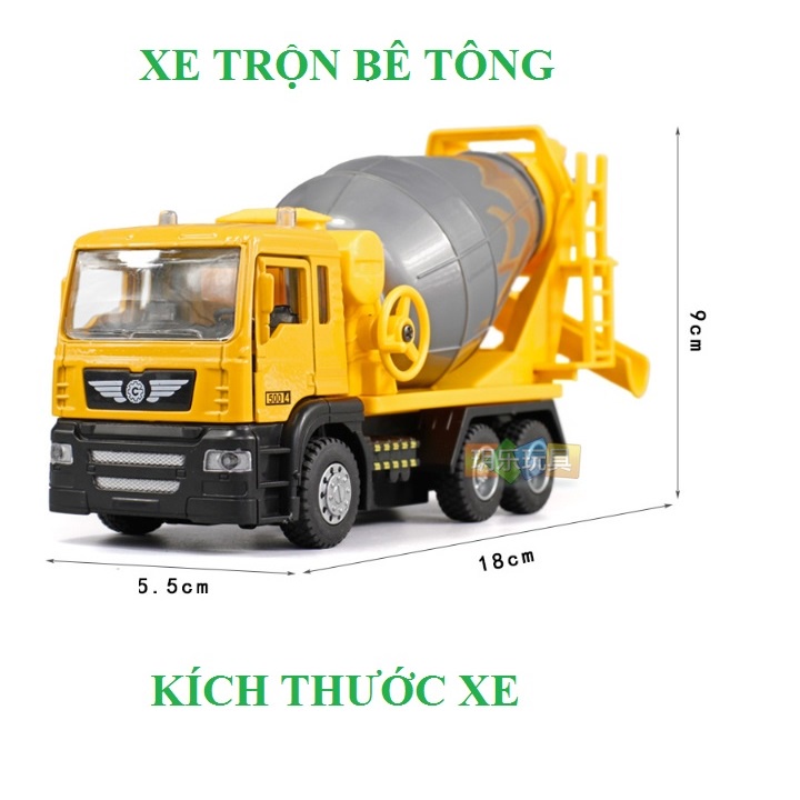 Xe trộn bê tông đồ chơi trẻ em có âm thanh và đèn bằng hợp kim nhựa mô hình tỉ lệ 1:50 mở được cửa thùng trộn xoay được