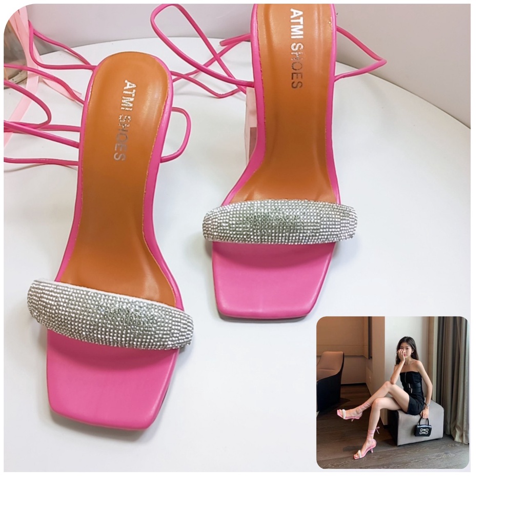 giày nữ cao gót 9cm chiến binh cột dây quai ngang đính đá mẫu mới sang chảnh đi chơi đi tiệc