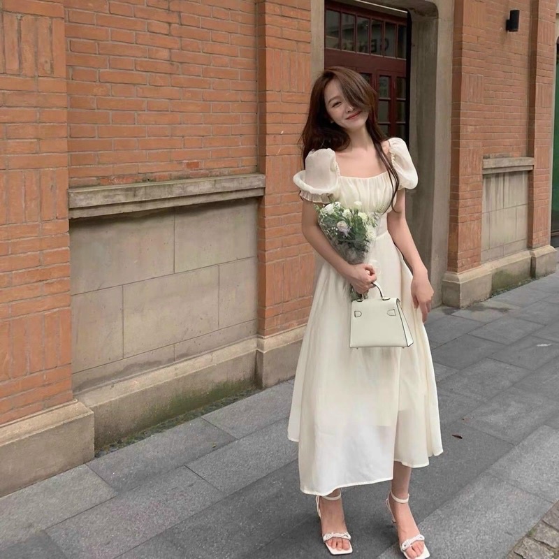 Đầm cổ vuông tay phồng voan xốp 2 màu dễ thương