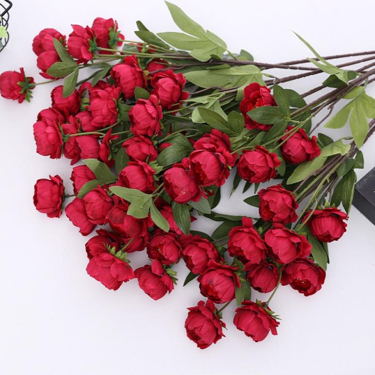 Hoa giả /Hoa lụa - Cành hoa hồng mẫu đơn 6 bông dài 80cm - Hàng quảng châu