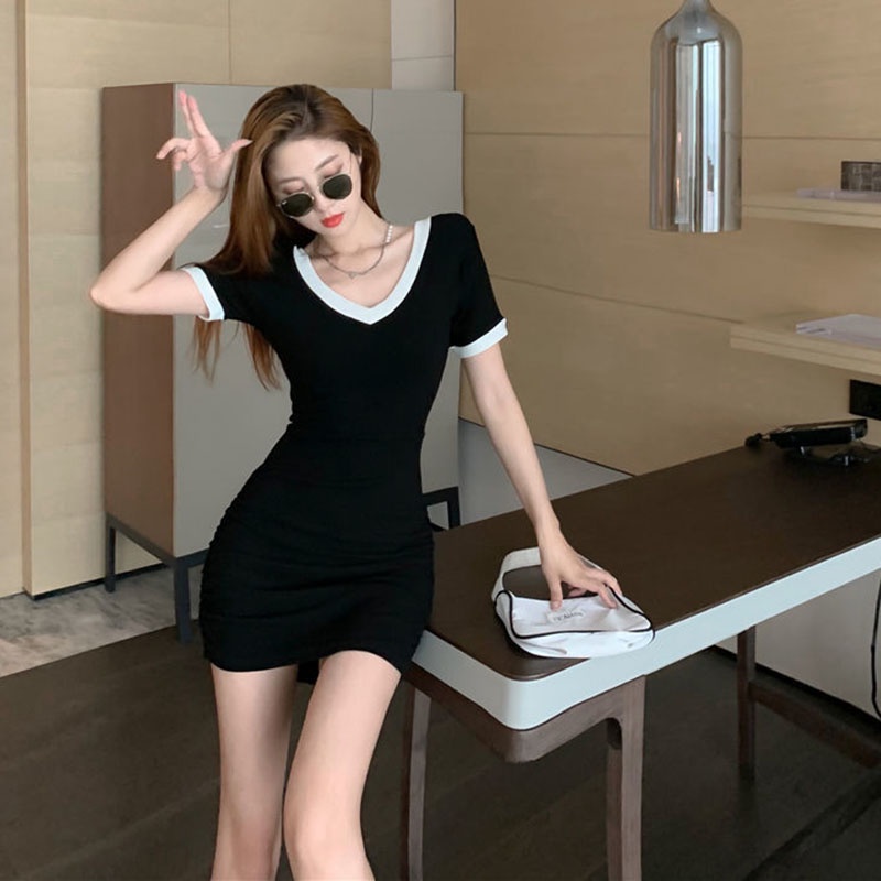 IELGY Đầm Tay Ngắn Cổ Chữ V Dáng Ôm Thời Trang Dành Cho Nữ