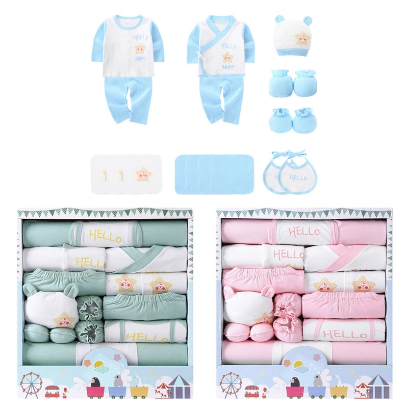 Bộ 16 Món Áo + Yếm + Mũ + Khăn Tay + Găng Tay + Vỏ Chân Chất Liệu Cotton Cao Cấp Dành Cho Bé Sơ Sinh