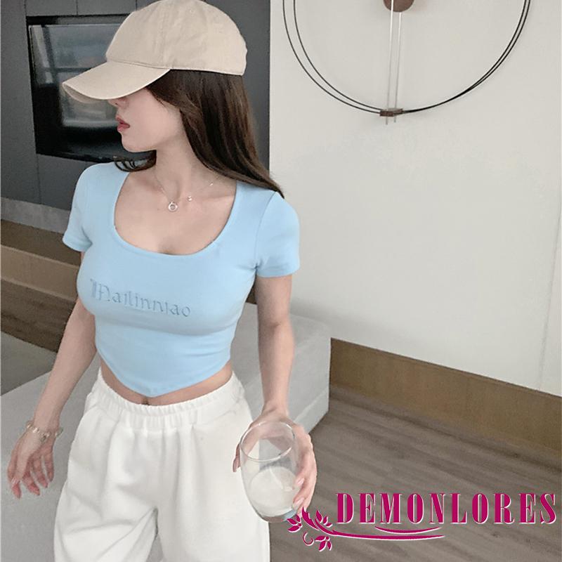 Áo Croptop Dệt Kim Tay Ngắn Cổ Vuông Thêu Chữ Thời Trang Mùa Hè Cho Nữ