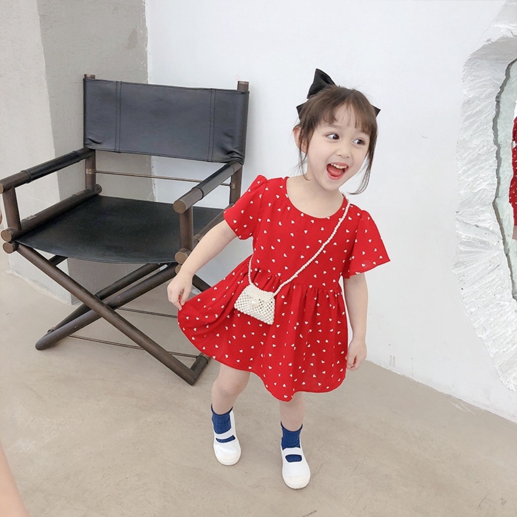 Váy mùa hè cho bé gái, váy đỏ trái tim in tràn dáng babydoll chất lụa Hàn cực xinh cho bé