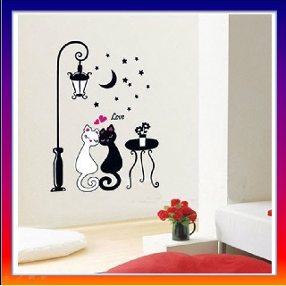Sticker Decal dán tường hình cặp mèo & đèn phố