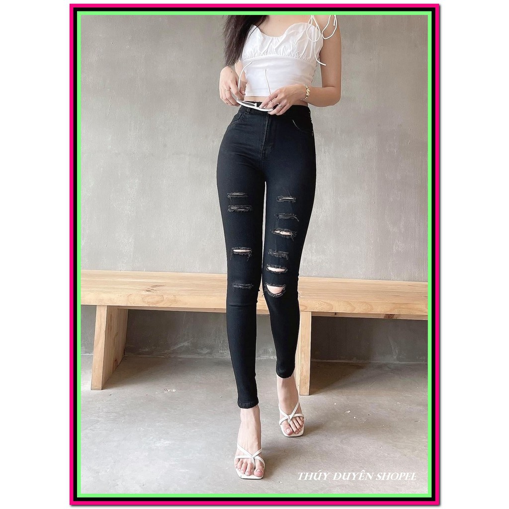 Quần jean nữ ĐEN RÁCH BỤI RÁCH NHIỀU siêu xịn chất jean giãn tốt fome chuẩn size MS 1228 -1