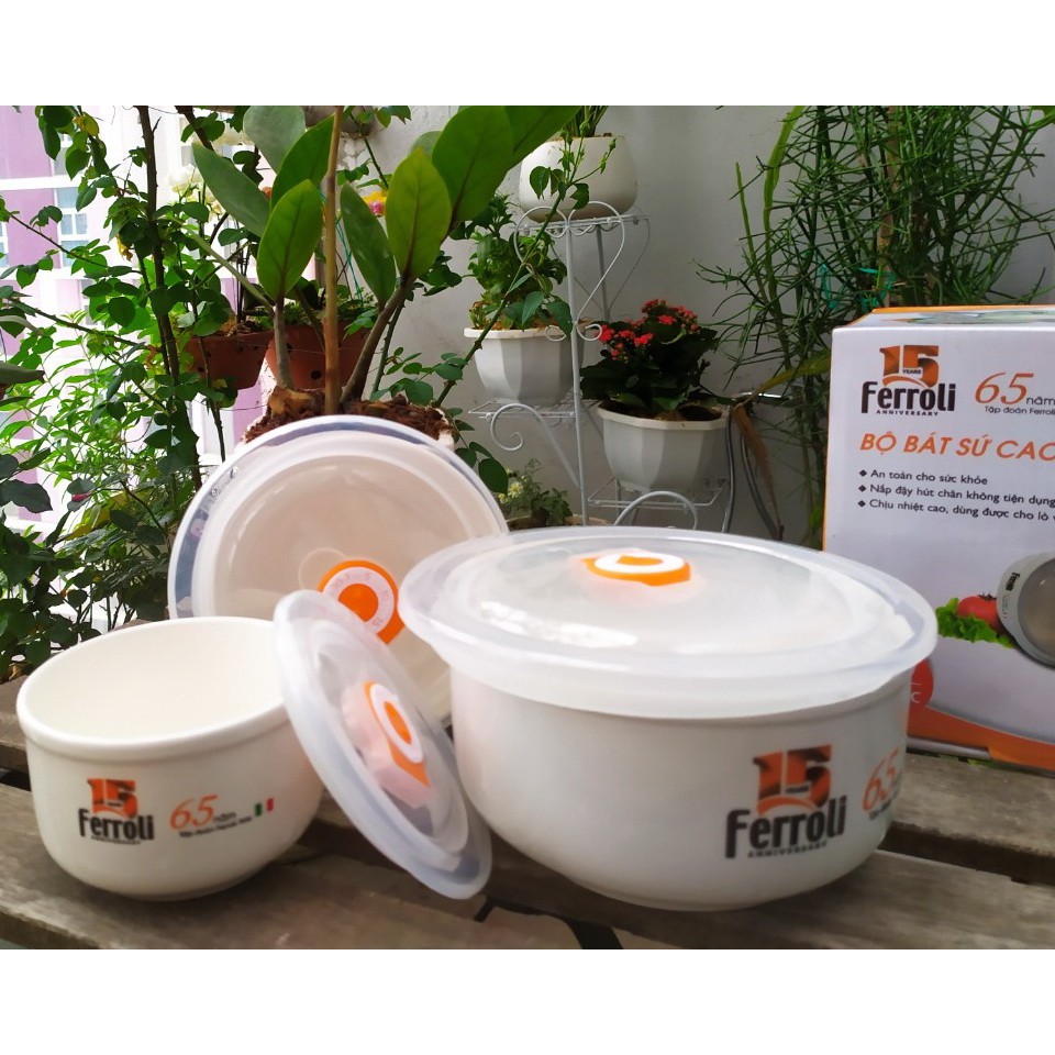 Bộ tô, chén, bát sứ cao cấp Ferroli nắp hút chân không tiện dụng dùng an toàn tuyệt đối trong lò vi sóng.