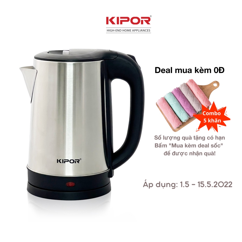 [Mã BMBAU50 giảm 10% đơn 99k] Ấm siêu tốc KIPOR KP-A318SA - 1.8L - Vỏ inox304, đế xoay 360 độ, Bảo hành tại nhà 12 tháng