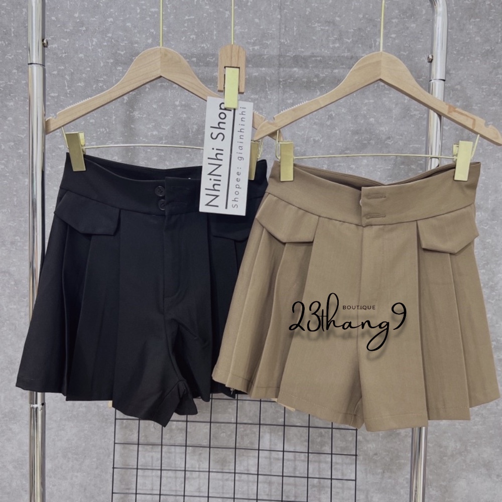 Quần short nữ xếp ly lưng cao quần xếp li giả váy dáng chữ a túi hộp trước chất tuyết mưa dày dặn phong cách ulzzang