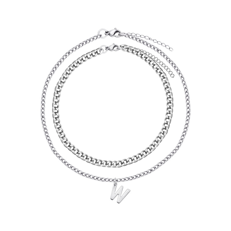 Vòng cổ Hai Sợi Dạng Chuỗi Đính Chữ W Phong Cách Hip Hop Đơn Giản Dễ Phối Đồ