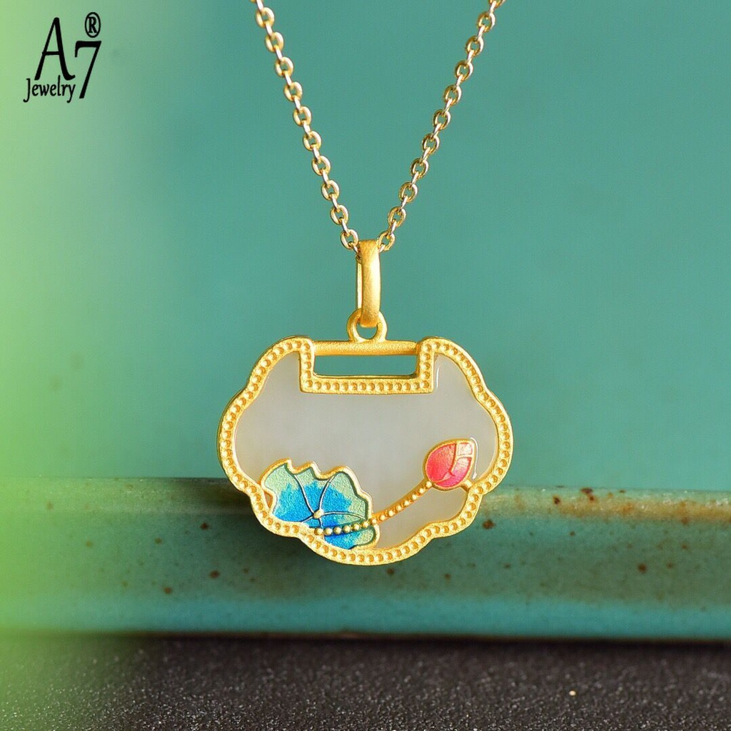 Vòng cổ Bạc S925 A7 Mặt Khảm Đá Ngọc Bích Không Phai Màu Thanh Lịch Làm Quà Tặng Cho Người Già