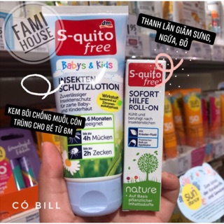 SET KEM BÔI CHỐNG MUỖI VÀ CÔN TRÙNG S-QUITO FREE CHO BÉ (Có bill)