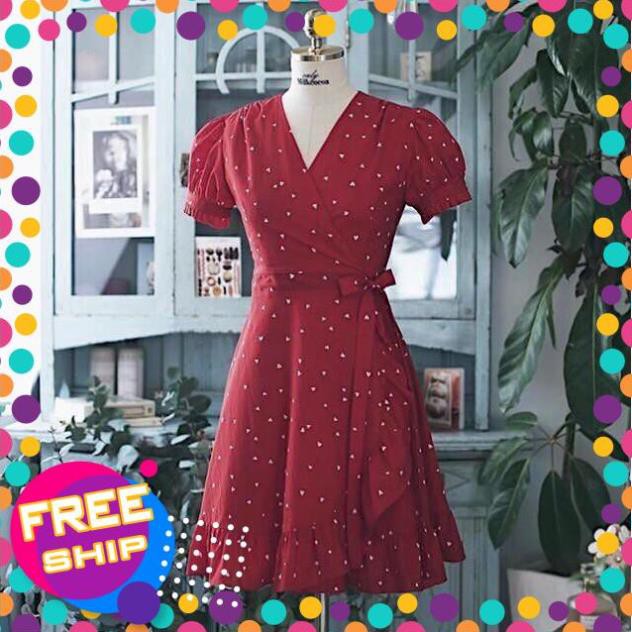 DX653 - Đầm Xòe Chấm Bi Đỏ Đắp Chéo Cột Nơ Eo