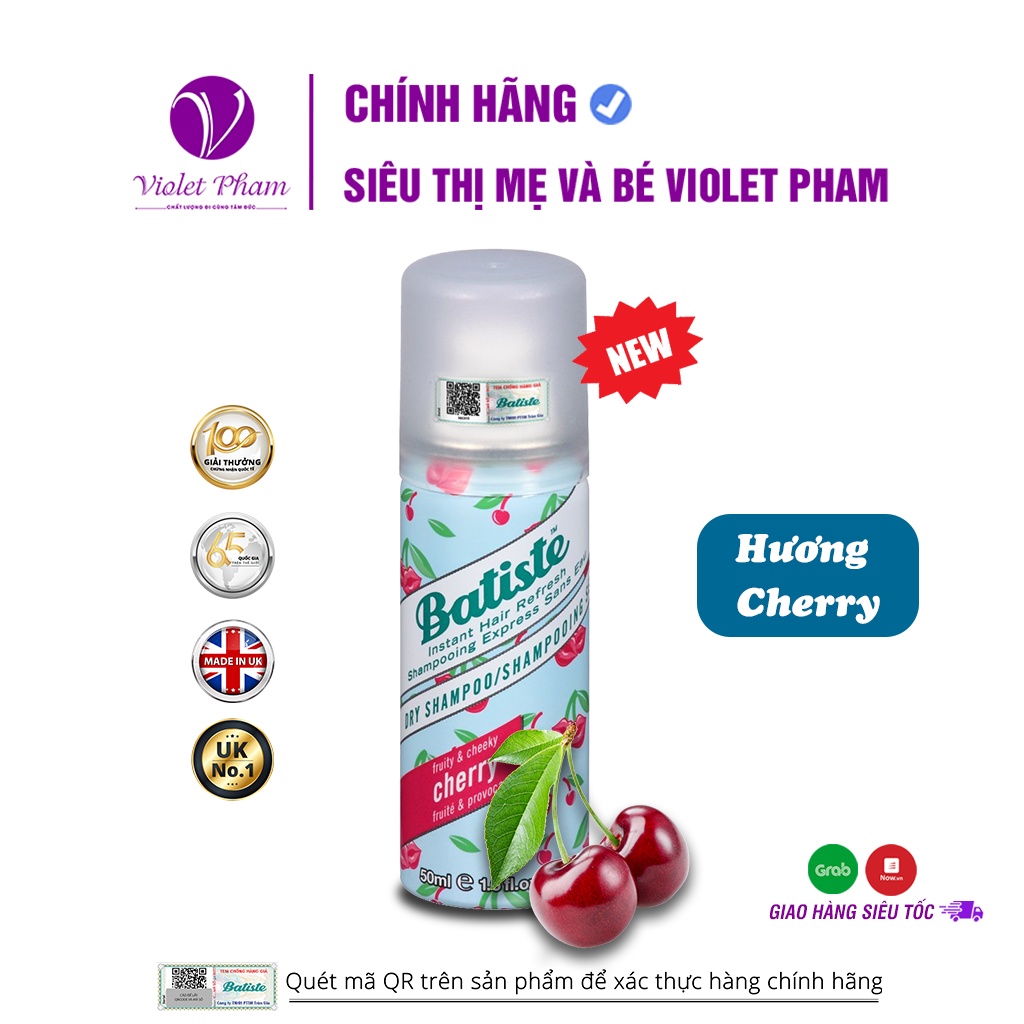 [MINI SIZE] Dầu Gội Khô Batiste Hương Cherry, Dạng Xịt Hết Ngứa, Bết Dính Giúp Tóc Bồng Bềnh Mượt Mà 50ml - Violetpham