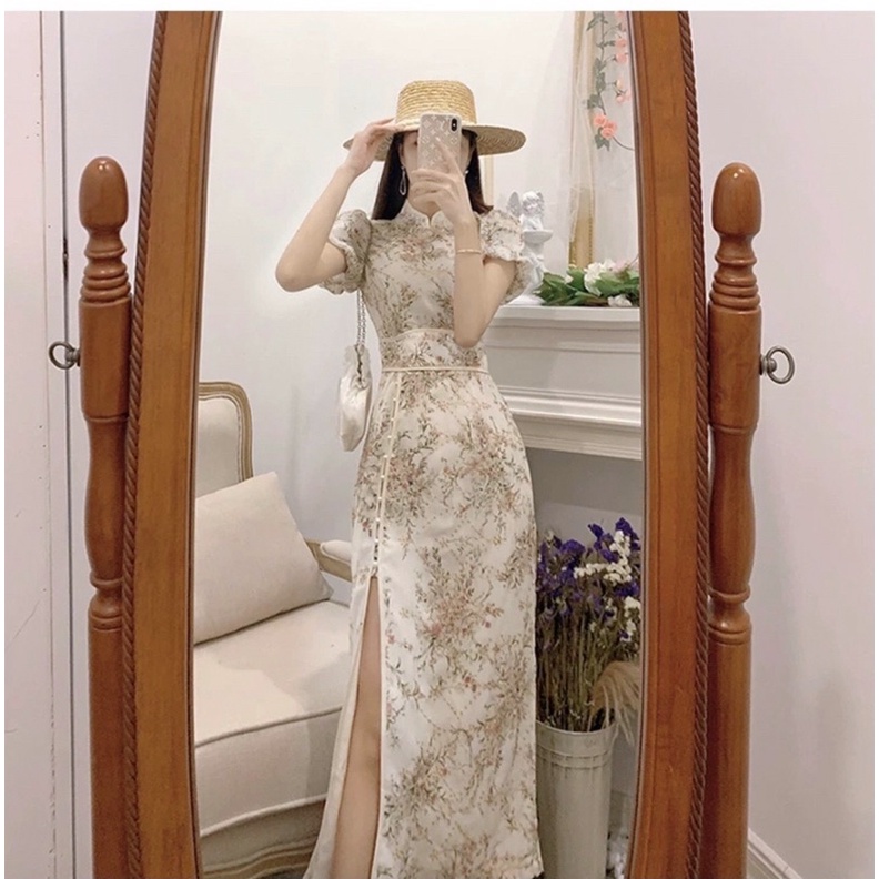 Đầm midi hoa cổ tàu xẻ đùi