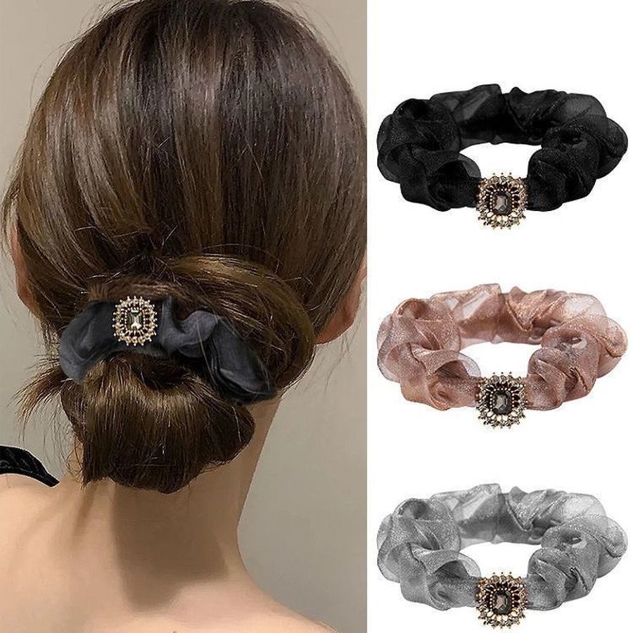 Dây Buộc Tóc Co Giãn Đính Đá Pha Lê Phong Cách Hàn Quốc Cổ Điển Cho Nữ