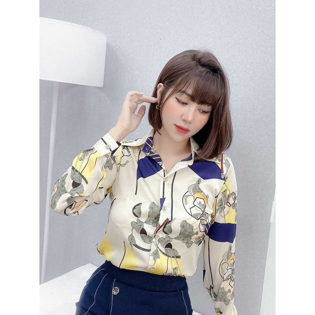 Áo sơ mi nữ lụa dài tay cao cấp công sở họa tiết lá ô chéo vàng xanh nền trắng sữa , áo sơ mi thiết kế MQ Boutique