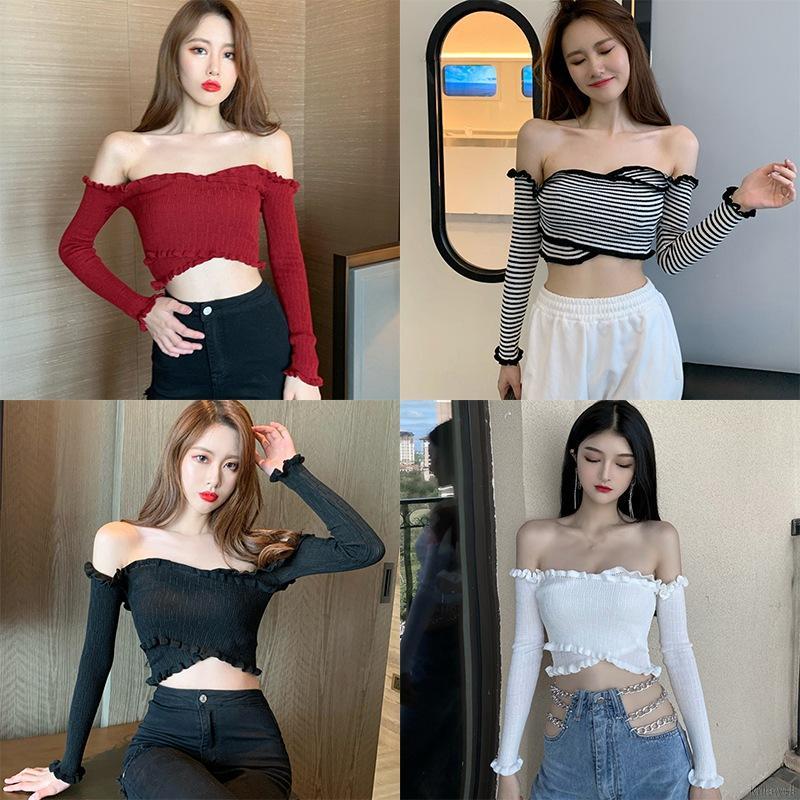 Áo kiểu crop top dệt kim tay dài trễ vai ôm dáng quyến rũ dành cho nữ