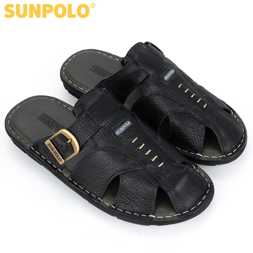 Dép bít mũi nam da bò SUNPOLO ABI007 Đen - Có Big size 44 45