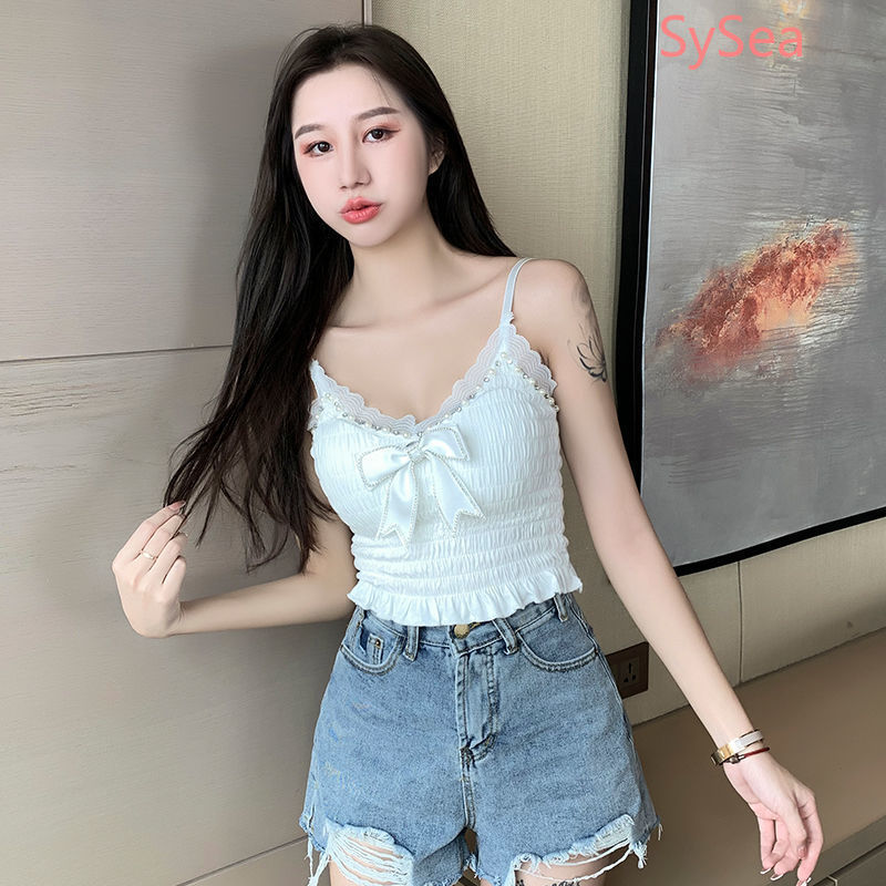 Áo hai dây dáng ôm cổ chữ V đính ngọc trai nhân tạo thời trang mùa hè