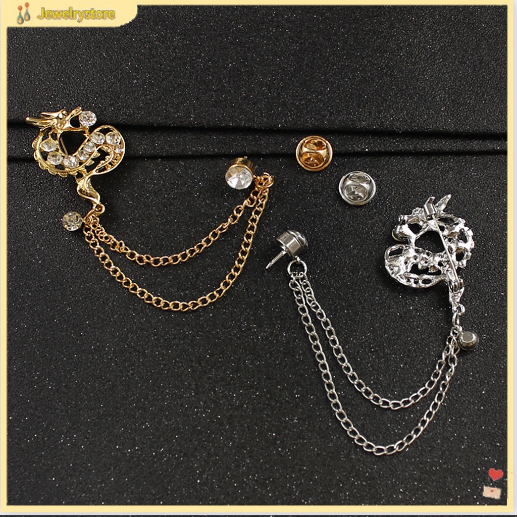 Ghim cài áo hình rồng đính đá phối dây xích phong cách Trung Hoa