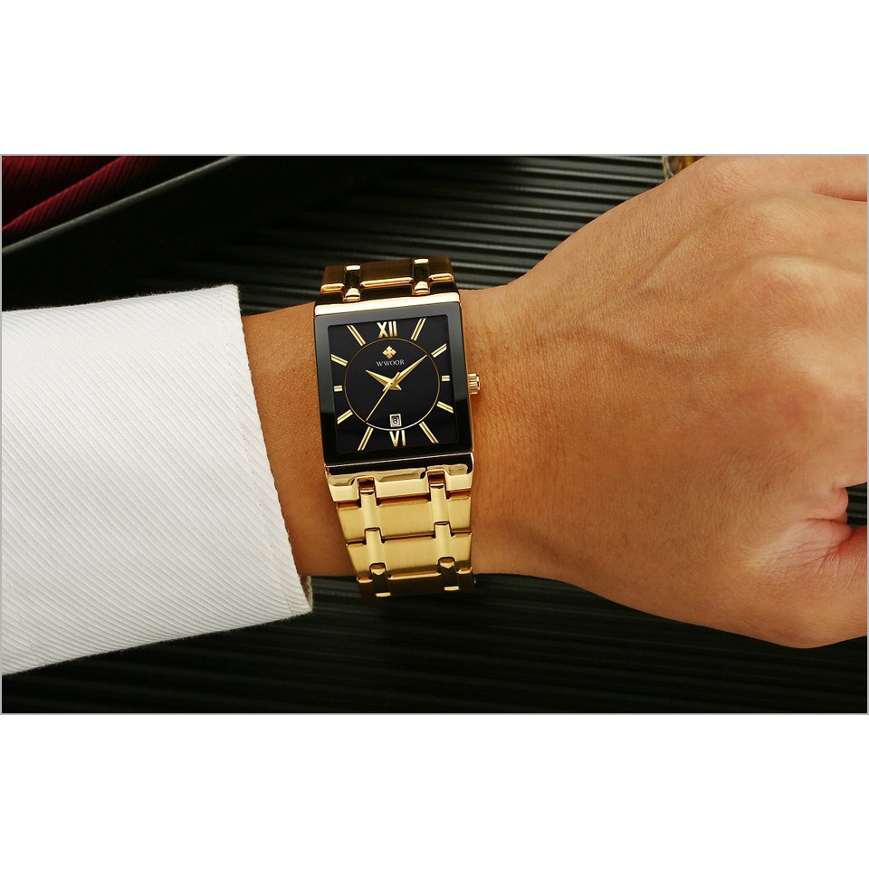 Đồng hồ nam mặt chữ nhật, đồng hồ đeo tay nam chính hãng WWOOR dây kim loại sang trọng, phong cách doanh nhân