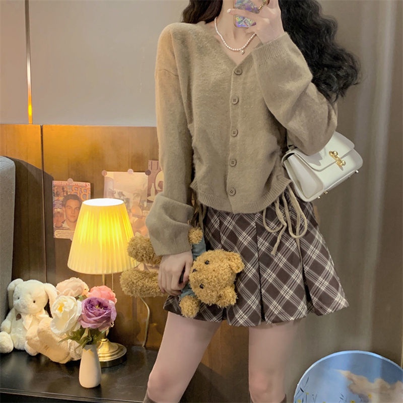 Hàng Mới Về Mới Set Chân Váy Xếp Ly Và Áo Khoác Cardigan Phong Cách Hàn Quốc Cho Nữ