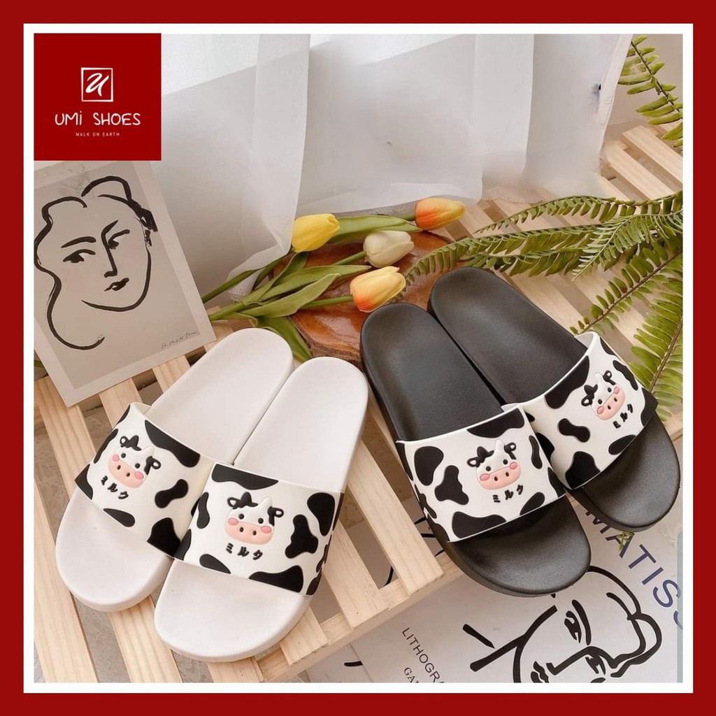 [SẴN- NOWSHIP] Dép nữ ulzzang lê BÒ SỮA cute quai ngang đế bằng bệt đi mưa rửa nước màu đen trắng đẹp mới siêu hot trend