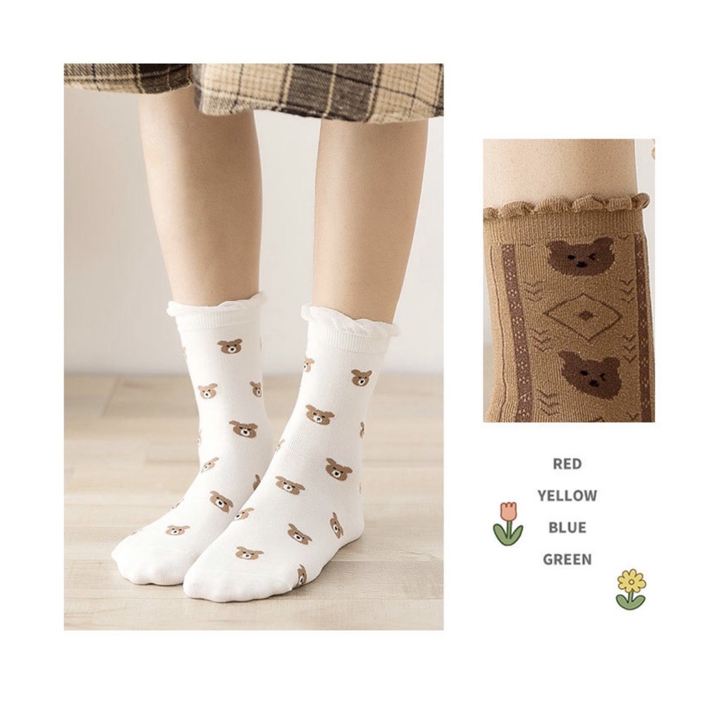 Tất cổ cao Bivota vớ nữ họa tiết gấu dễ thương vải cotton mềm mịn cực đẹp T138