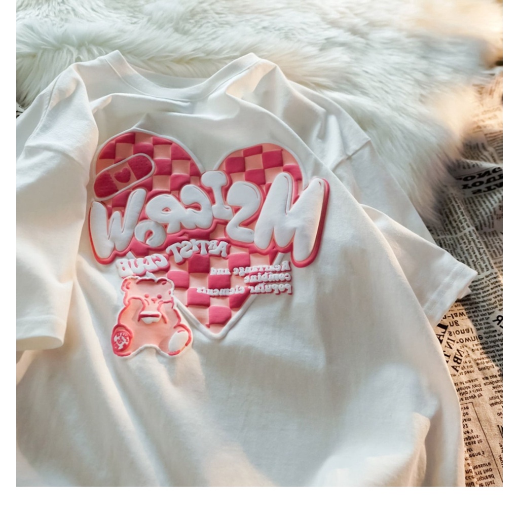 Áo thun PEWARN tay ngắn dáng rộng in họa tiết trái tim phong cách Hàn Quốc harajuku thời trang cho nữ