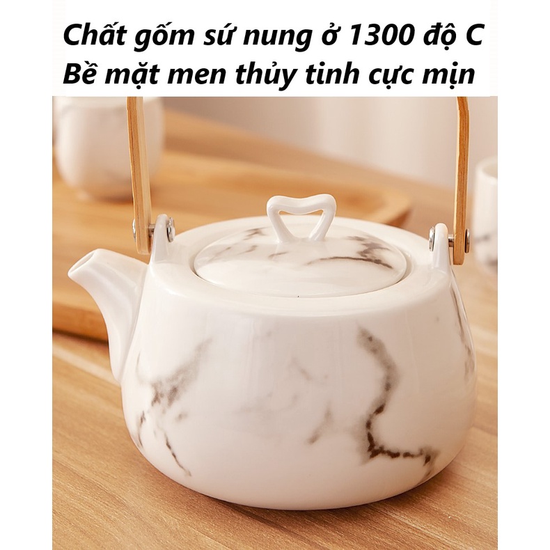 [CAO CẤP] Bộ ấm chén gốm sứ uống trà kèm khay phong cách Nhật Bản cẩm thạch Sang trọng
