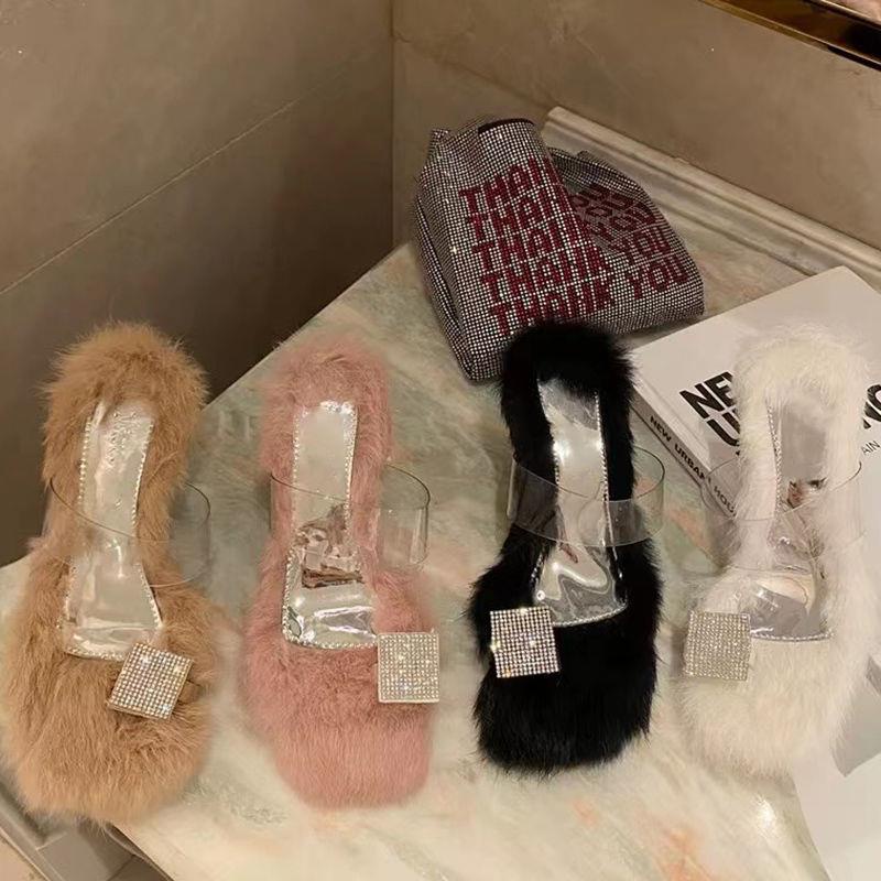 Dép Quai Ngang Trong Suốt Đính Đá Phối Lông Thời Trang Xuân Thu Cho Nữ Miaomei 2022