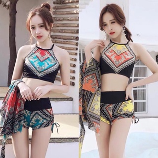 Bộ Đồ Bơi 3 Chi Tiết Họa Tiết Thổ Cẩm - Set Áo Tắm Đi Biển Nữ Kèm Khăn Tắm Siêu Đẹp