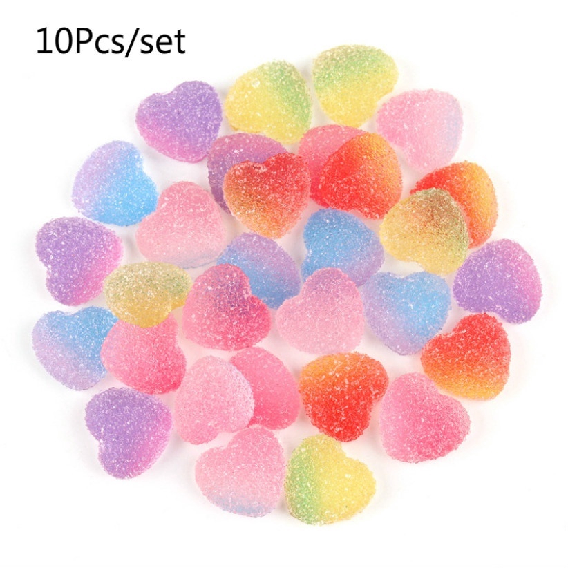 10Pcs/set Gradient Color Cute Simulation Resin Love Heart Candy Flatbacks Cabochon for Phone Case DIY