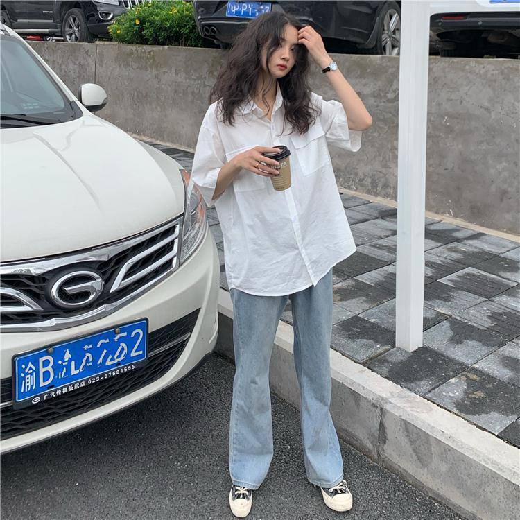 Áo sơ mi IELGY tay ngắn dáng rộng phong cách cổ điển thời trang cho nữ