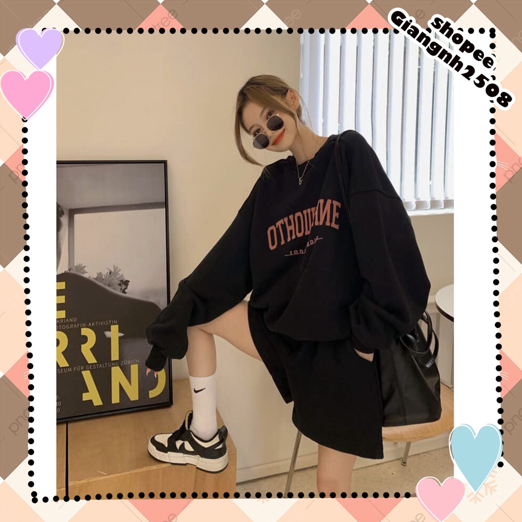 SQ013 Bộ quần áo nỉ thể thao form rộng đùi sooc OTHOWEHNE tay bo oversite, Set áo hoodie sweater dài tay và quần short
