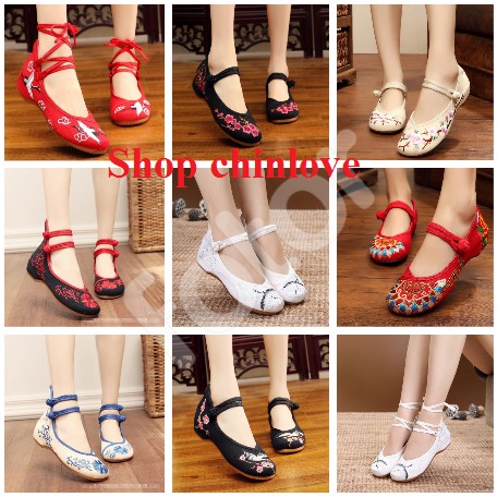 Giày cổ trang trung hoa thêu họa tiết cao gót 3 cm hàng có sẵn đủ mẫu