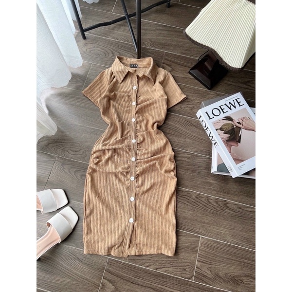 Đầm Nút Gài Tay Ngắn Nhún Gân Xương Cá Hình Thật