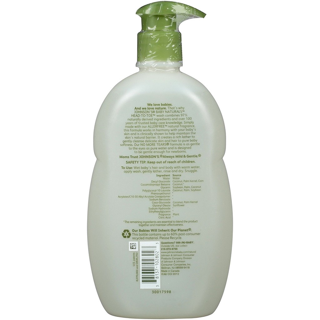 Sữa tắm gội thiên nhiên dành cho trẻ nhỏ Johnson's Natural Head-To-Toe Baby Wash 532ml (Mỹ) (Trắng)