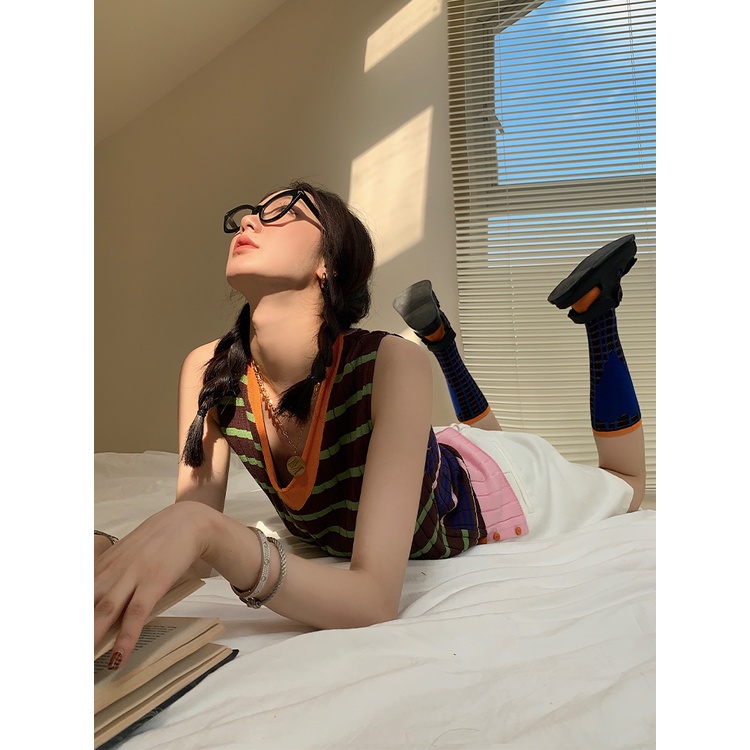 Áo Dệt Kim Cổ Chữ V Họa Tiết Kẻ Sọc Màu Sắc Tương Phản Thời Trang Mùa Hè Cho Nữ