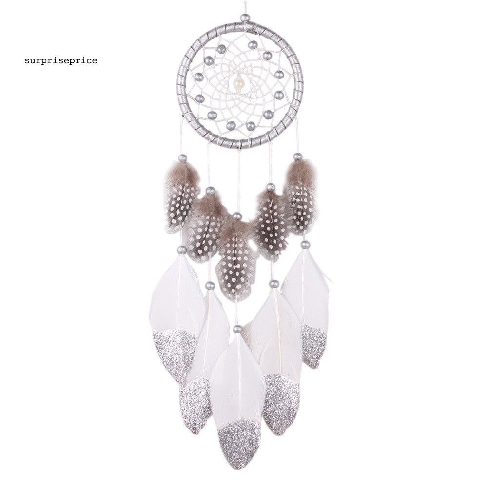 Chuông gió bắt giấc mơ có vòng hạt và lông vũ treo tường xe hơi trang trí của sổ