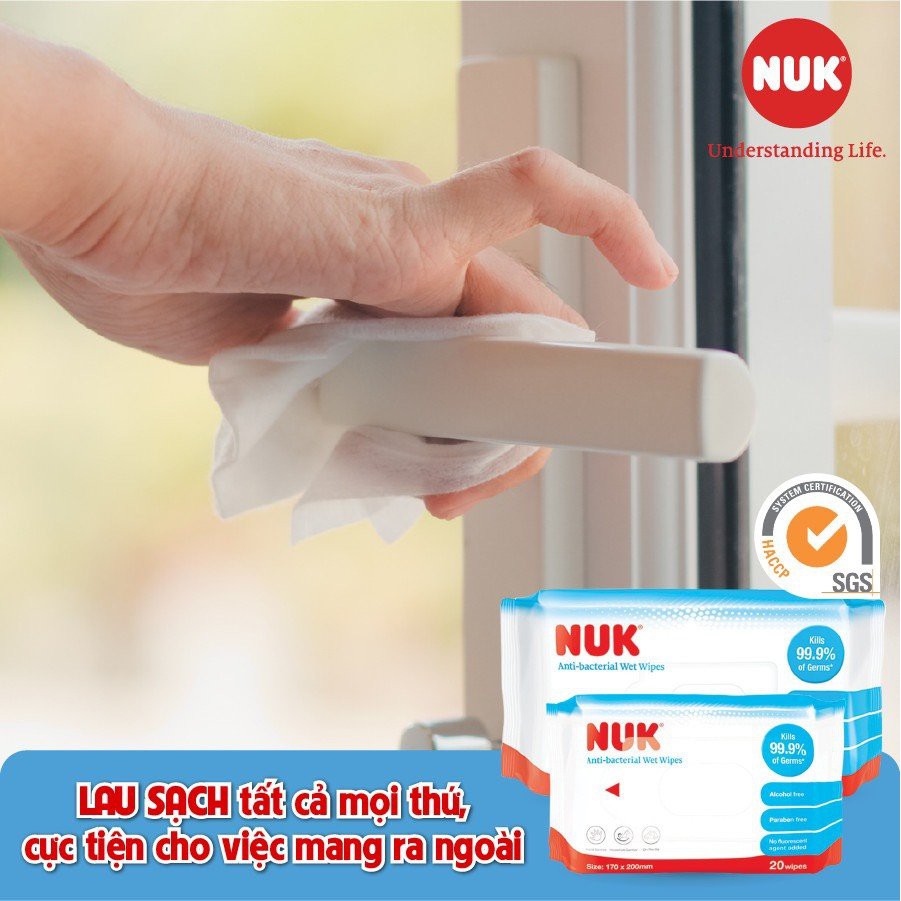 KHĂN ƯỚT DIỆT KHUẨN 99.9% NUK BẢO VỆ BÉ (20 TỜ/GÓI) NUK ANTIBATERIAL WIPES, 20 PCS/BAG