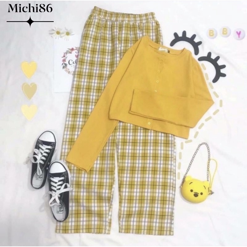 Quần ống rộng nữ kẻ caro cạp lưng cao hách dáng Michi