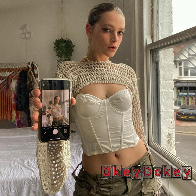 Áo Croptop Dệt Kim Tay Loe Phong Cách Cổ Điển Thời Trang Harajuku 90s 00s Grunge2K Cho Nữ