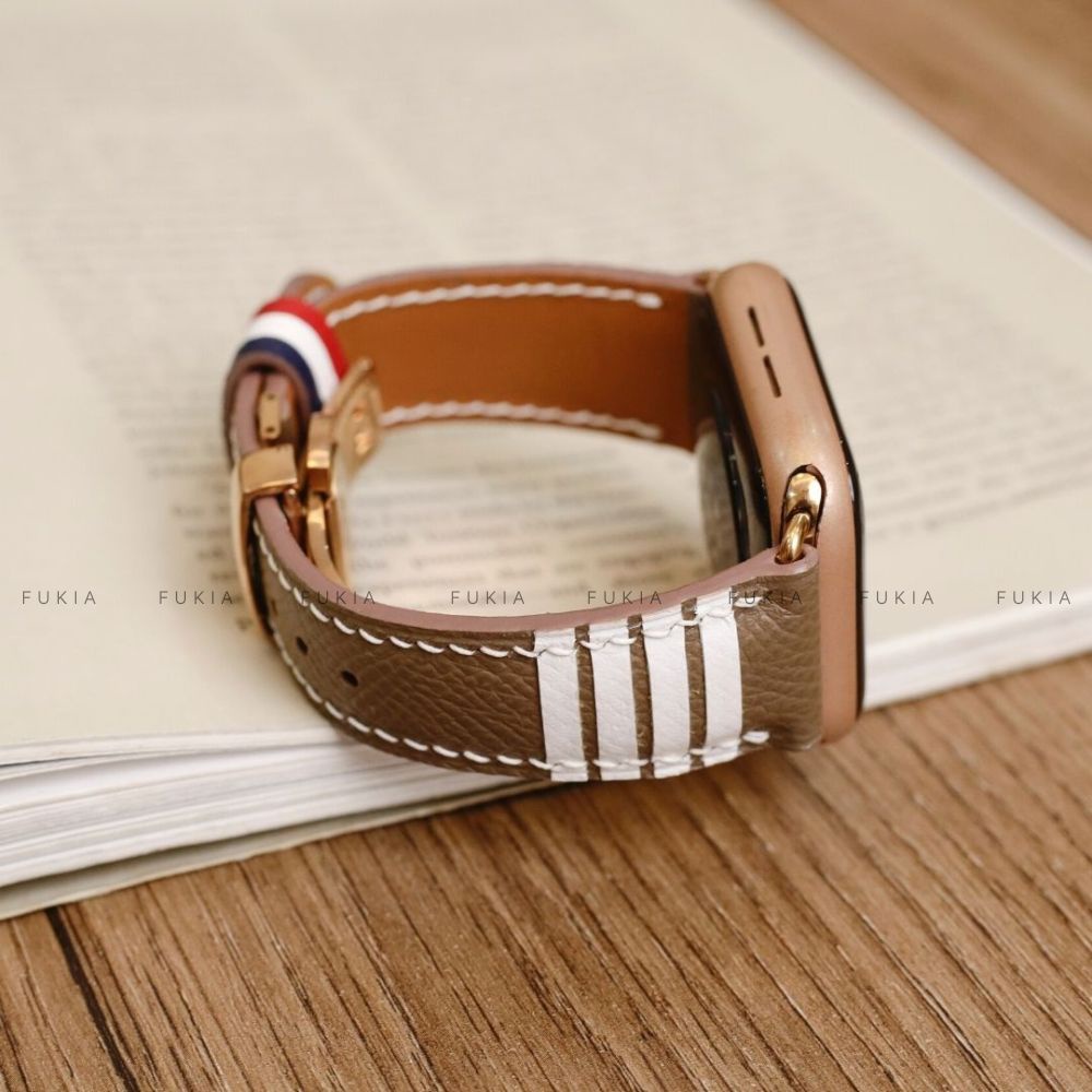 Dây da thủ công Epsom Thom Browne Nâu tây dành cho Apple Watch đồng hồ thông minh Series 1/2/3/4/5/6/7/SE DDTC178