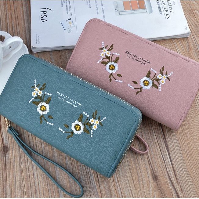 Ví Dài Hai Ngăn Sức Chứa Lớn Có Khóa Kéo Thêu Họa Tiết Thời Trang Cho Nữ