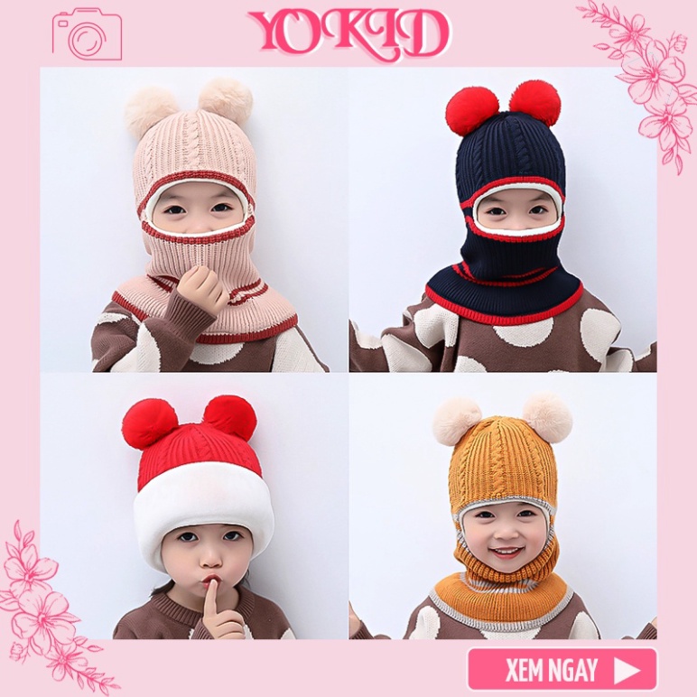 Mũ len cho bé trai gái mùa đông hai quả bông trùm đầu dễ thương giá rẻ đẹp kèm khăn hàng hiệu giữ ấm trẻ sơ sinh - ML1