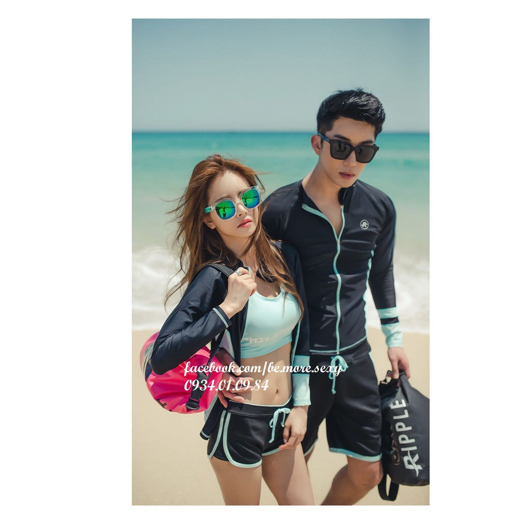 Đồ bơi dài tay Hàn Quốc nữ khoác xanh đen