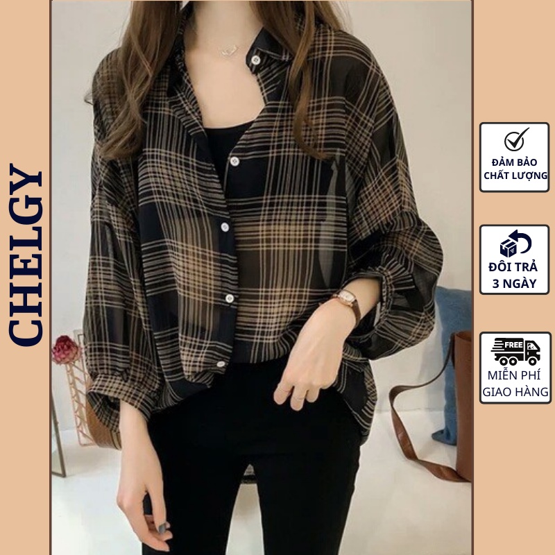 Áo sơ mi nữ Chelgy họa tiết kẻ caro sọc form rộng vải mỏng cổ POLO dài tay dáng basic phong cách retro Hàn Quốc CG-SM03